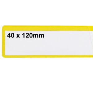 A self-adhesive rectangular white label with a yellow border displays 1.57x4.72 in. in bold black text, ideal for MH-USA Ticket Pouches - Pack of 100, combining efficiency and stylish yellow elegance.