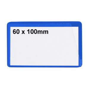 A rectangular label with a blue border and white center, displaying 60 x 100mm in black, is ideal for MH-USA Ticket Pouches. These self-adhesive pouches measure H.2.36 in. x W.3.94 in., come in striking blue, and are available in a convenient pack of 100.