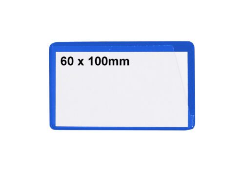 A rectangular label with a blue border and white center, displaying 60 x 100mm in black, is ideal for MH-USA Ticket Pouches. These self-adhesive pouches measure H.2.36 in. x W.3.94 in., come in striking blue, and are available in a convenient pack of 100.