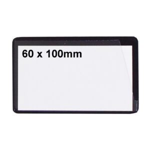 A rectangular black-bordered label, similar to MH-USA Ticket Pouches (2.36 x 3.94), shows 60 x 100mm in the top left. A clear film partly peels from the top right, revealing its self-adhesive backing.