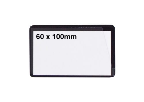 A rectangular black-bordered label, similar to MH-USA Ticket Pouches (2.36 x 3.94), shows 60 x 100mm in the top left. A clear film partly peels from the top right, revealing its self-adhesive backing.