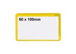 A rectangular badge featuring a yellow border and white center highlighting 60 x 100mm in black letters is similar to MH-USA Ticket Pouches, which are self-adhesive and measure 2.36x3.94 inches, ideal for identification purposes.