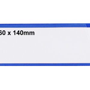 A white label with a blue border shows 60 x 140mm in black, ideal for MH-USA Ticket Pouches, Self-Adhesive, H.2.36 in. x W.5.51 in., Pack of 100, Blue.