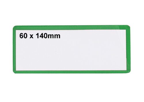 SAP614G.jpg A white label with a green border shows 60 x 140mm in black on the left side, ideal for the MH-USA Ticket Pouches - Self-Adhesive, size 2.36 in. x 5.51 in., pack of 100, green.