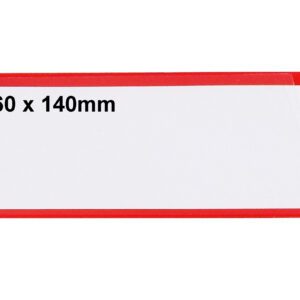 The MH-USA Ticket Pouches, self-adhesive and measuring H.2.36 in. x W.5.51 in., come in a pack of 100 with an eye-catching red detail, ideal for organizing with a rectangular white label featuring 60 x 140mm in black on the top left corner with a red border.