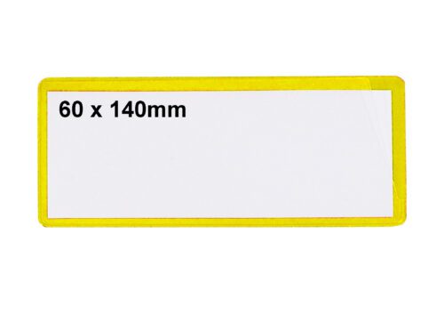 The MH-USA Ticket Pouches are self-adhesive, rectangular labels measuring 2.36 in. x 5.51 in., with a yellow border and MH-USA Ticket Pouches in black on a white background, available in packs of 100.