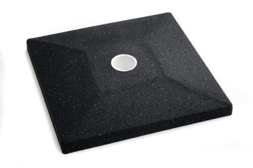 A black, square stone shower base mirrors the TCT Square Sign Base 20 lbs. with its speckled texture. It includes a round central drain hole, smooth edges, and an inward slope toward the drain, all on a plain white background.