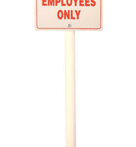 A sign with a TCT Round Sign Base, 90 lbs in 2 pieces, displays NO PARKING EMPLOYEES ONLY in red, with a hexagonal black base highlighting restricted parking for employees.