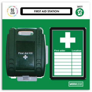 Image of a first aid station with an MH-USA Modulean Lite First Aid Board, H.19.69 in. x W.19.69 in., featuring a green kit on the wall; adjacent is a chart with First aider and Location under a white cross symbol on the green background labeled 5S Lean and Modulean.