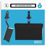 Illustration of a dry cleaning station with a black dustpan and brush on a turquoise background, labeled 5S Lean, Safety First, and Shine. The MH-USA Modulean Lite - Dry Cleaning Board, H.19.69 in x W.19.69 in, blue, features the MODULLEAN logo at the bottom.