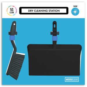 Illustration of a dry cleaning station with a black dustpan and brush on a turquoise background, labeled 5S Lean, Safety First, and Shine. The MH-USA Modulean Lite - Dry Cleaning Board, H.19.69 in x W.19.69 in, blue, features the MODULLEAN logo at the bottom.
