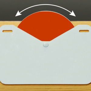 A red semicircle MH-USA Stock Indicator Wheel, part of a pack of 10 self-adhesive units, peeks over a wooden surface, partially obscured by a white card with rounded edges and slotted holes for adjustability. An arrow shows the semicircles range of motion.