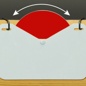 A red semicircle from the MH-USA Stock Indicator Wheel - Magnetic is partly hidden within a white envelope-like shape with two holes. Black loops attach it to a wooden surface, while two white arrows indicate motion. Sold in packs of 10.