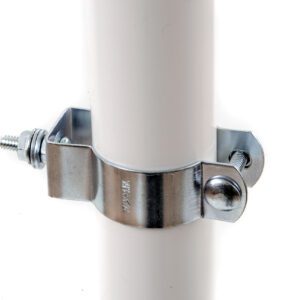 The shiny TCT Sign mounting brackets secure a white cylindrical pipe using two screws. Designed for 1 1/2 PVC posts, they are sold in pairs and set against a pristine white background.