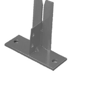 Gray metal bracket with a flat base featuring two holes at each end. Two vertical prongs with a central gap extend from the base, designed for mounting or supporting structures. Suitable for structural or mechanical applications.
