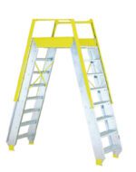 A folded step ladder with a platform, featuring a yellow frame and silver steps. The ladder is designed for stability and safety, suitable for various tasks.