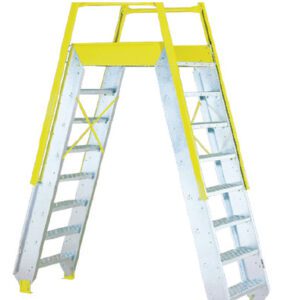 A folded step ladder with a platform, featuring a yellow frame and silver steps. The ladder is designed for stability and safety, suitable for various tasks.