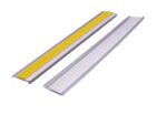 Two metal threshold strips are shown, one with a yellow grip strip and the other plain silver. Both have an elongated, slightly raised edge. They work well with MH-USA Self-Adhesive Ticket Holder, 0.98H x 7.87W, ensuring compatibility and simplicity in any environment.
