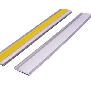 Two metal threshold strips are shown, one with a yellow grip strip and the other plain silver. Both have an elongated, slightly raised edge. They work well with MH-USA Self-Adhesive Ticket Holder, 0.98H x 7.87W, ensuring compatibility and simplicity in any environment.