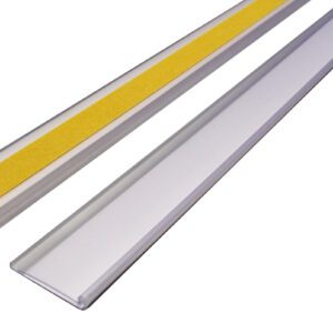 Two clear plastic strips with a yellow strip inside lay parallel on a white background, highlighting their design and contrast. These sleek MH-USA Self-Adhesive Ticket Holders (H.0.98 in x W3.94 in) come in a pack of 10, including a card.