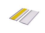The MH-USA Self-Adhesive Ticket Holders come in a pack of 100, each measuring H.1.5xW.3.94, with two rectangular strips—one featuring a yellow strip and one plain white—encased in a transparent cover outlined in silver, ideal for card display.
