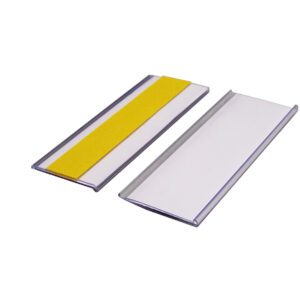 The MH-USA Self-Adhesive Ticket Holders come in a pack of 100, each measuring H.1.5xW.3.94, with two rectangular strips—one featuring a yellow strip and one plain white—encased in a transparent cover outlined in silver, ideal for card display.