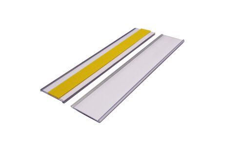 Two rectangular sharpening stones with metal edges are shown on a white background. One has a yellow abrasive surface, the other is white, resembling the MH-USA Self-Adhesive Ticket Holder in size and organization precision.
