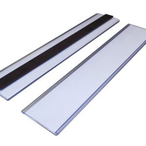 Two rectangular magnetic bars with white surfaces and black strips; the left shows the strip, and the right a plain surface. Both have a sleek, slightly reflective design similar to an MH-USA Magnetic Ticket Holder (H.1.5 in. x W.7.87 in., Pack of 50, Including Card).