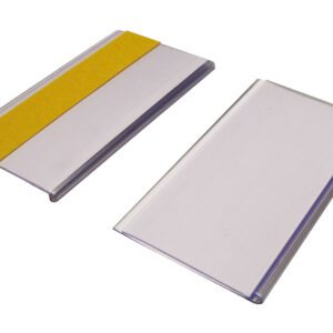 Two rectangular panels similar to the MH-USA Self Adhesive Ticket Holder (H.2.13 in. x W.3.94 in., Pack of 100, including card) are shown; one has a yellow stripe on top, and the other is plain silver with a metallic finish, resembling nameplates.