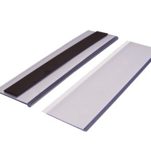 A pack of 50 MH-USA Magnetic Ticket Holders, each H.2.13 in. x W.7.87 in., features one side with a black magnetic strip and the other with a transparent surface, offering versatile options for displaying signs or papers efficiently.