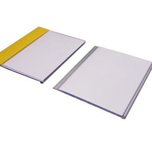 Two thin, rectangular notepads with metal binding on top have a white cover. The left one features a yellow strip similar in simplicity to the MH-USA Self Adhesive Ticket Holder, while the right notepad is plain. Both appear to be made of lightweight material.