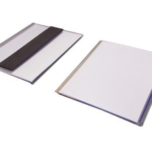 Two rectangular acrylic name badges with white inserts lie side by side. The left one is flipped, revealing a black magnetic backing like the MH-USA Magnetic Ticket Holder. The right badge displays its white face upward, creating a sleek contrast.