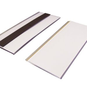 Two rectangular metal plates are shown. The left plate features a dark strip, likely rubber or from the MH-USA Magnetic Ticket Holder range (H.3.15 in. x W.7.87 in.), while the right one is plain with a subtle groove. Both have a sleek, metallic finish and glisten beautifully in the light.