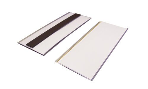 Two rectangular metal plates are shown. The left plate features a dark strip, likely rubber or from the MH-USA Magnetic Ticket Holder range (H.3.15 in. x W.7.87 in.), while the right one is plain with a subtle groove. Both have a sleek, metallic finish and glisten beautifully in the light.