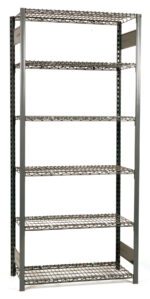 A tall metal storage rack with six evenly spaced wire shelves. The structure is made of dark gray metal with open sides and back. The design is industrial, suitable for organizing or storing items in a warehouse or garage.