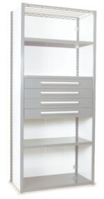 A tall, metal storage unit with a mesh top shelf, four metallic gray drawers with handles in the middle, and two open shelves below. The frame is gray with white side panels, suitable for organizing tools.