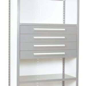 A tall, metal storage unit with a mesh top shelf, four metallic gray drawers with handles in the middle, and two open shelves below. The frame is gray with white side panels, suitable for organizing tools.