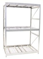 A three-tiered industrial metal shelving unit with wire grid shelves and sturdy beams, it features a silver finish and open design. Ideal for efficient workspace organization in warehouses, garages, or workshops.
