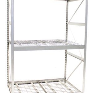 A three-tiered industrial metal shelving unit with wire grid shelves and sturdy beams, it features a silver finish and open design. Ideal for efficient workspace organization in warehouses, garages, or workshops.