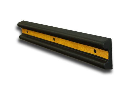 The TCT Heavy Duty Wall Protector features a black rubber design with a yellow center strip, triangular shape, rounded edges, and two mounting screw holes. Its dimensions are 39 3/4L x 6W x 2 1/4 on a white background.