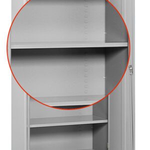 Metal storage cabinet with open door, showcasing three adjustable shelves. A red circle highlights the middle section. The cabinet is plain and gray, and it stands upright, designed for storing office supplies or tools.