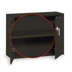 A black cabinet with a silver handle and two doors. One door is slightly open, revealing a single shelf inside. A red circle highlights the interior shelf. The cabinet is set against a plain white background.
