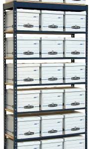 A tall, metal shelving unit filled with multiple rows of white storage boxes. Each box has a label on the front and they are neatly organized across five shelves.
