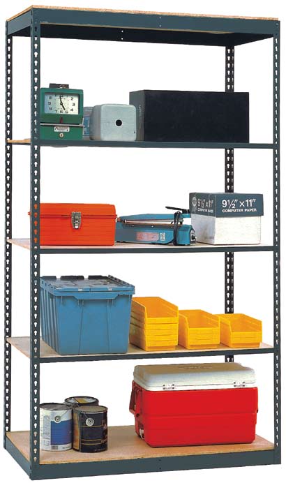 boltless-shelving-200A-complete A metal shelving unit with five levels efficiently organizes items in the cannabis growing facility: a clock, a metal box, a black box, orange and blue toolboxes, yellow bins, a styrofoam container, a red cooler, and boxed computer paper.