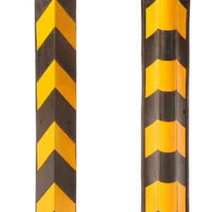 Two TCT Corner Guard - Heavy Duty, Rounded, 31L rubber corner guards with black and yellow diagonal stripes stand upright against a white background. One guard is slightly rotated to highlight its rounded profile for optimal wall protection.