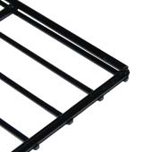 Close-up of a black metal rack with horizontal and vertical bars forming a grid pattern. The corner of the rack is visible against a white background.
