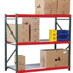 A storage shelf with three levels. The top shelf holds three large cardboard boxes. The middle shelf has several smaller boxes and blue and yellow containers. The bottom shelf has two large cardboard boxes. The frame is green with red beams.