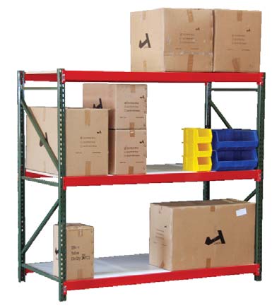 fastrak-complete-laminated-1 A storage shelf with three levels. The top shelf holds three large cardboard boxes. The middle shelf has several smaller boxes and blue and yellow containers. The bottom shelf has two large cardboard boxes. The frame is green with red beams.