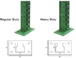 The image shows two metal posts with base plates. The left post is labeled Regular Duty and the right Heavy Duty. Below, there are diagrams with dimensions: 8 width, 5 height for the base plates, with 3 between holes.