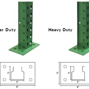 The image shows two metal posts with base plates. The left post is labeled Regular Duty and the right Heavy Duty. Below, there are diagrams with dimensions: 8 width, 5 height for the base plates, with 3 between holes.